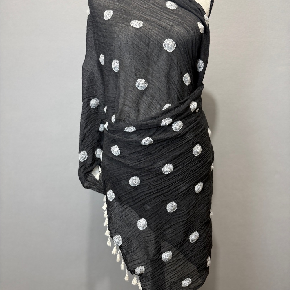 Black Wrap 70 X 23 Sheer Polka Dot Tassel Shawl Boho Indian Sarong Poncho Scarf